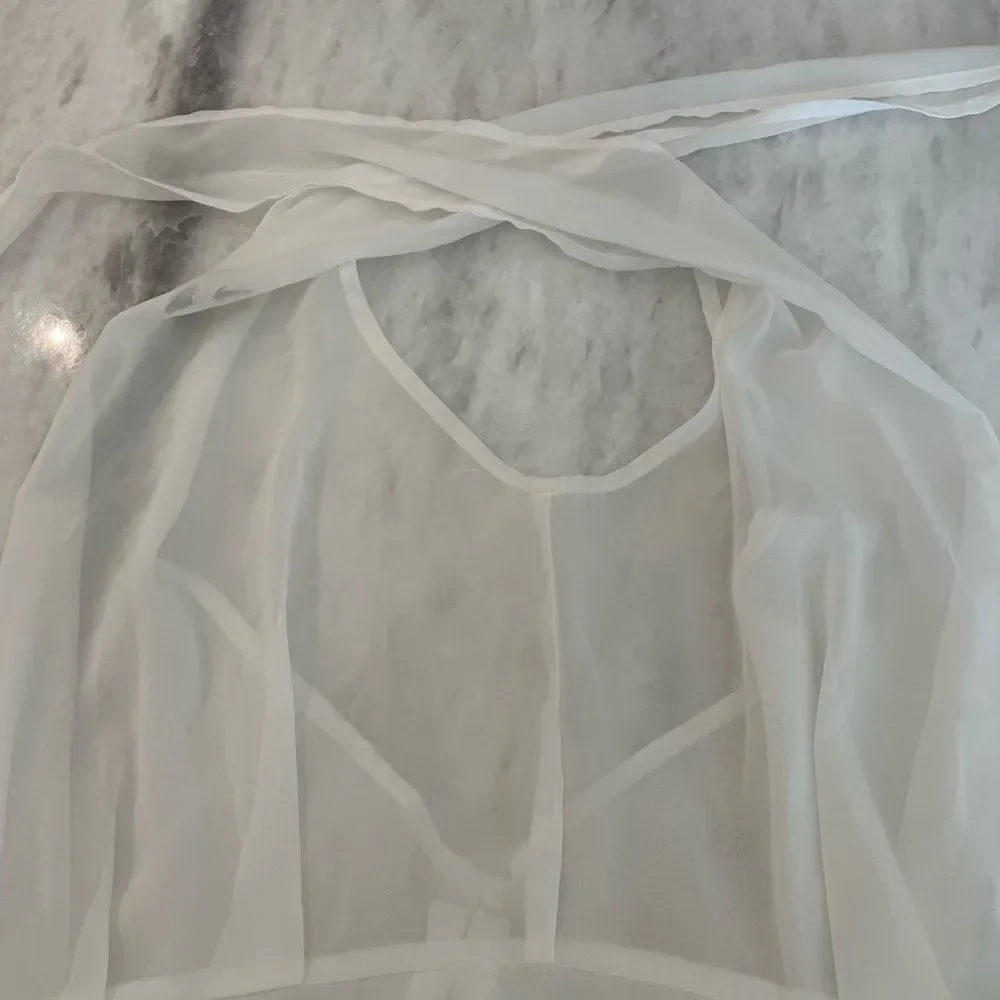 PRETTY LITTLE THING Swim Cover Up White Sheer Dress One Shouler with Fringe 6‎